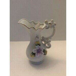 Vtg Lego Ceramic Pitcher With Gold Accents Made In Taiwan with raised flowers